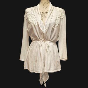 Tribal Womens White Linen Floral Crochet Cinch Waist Cardigan XL‎ Boho Lagenlook